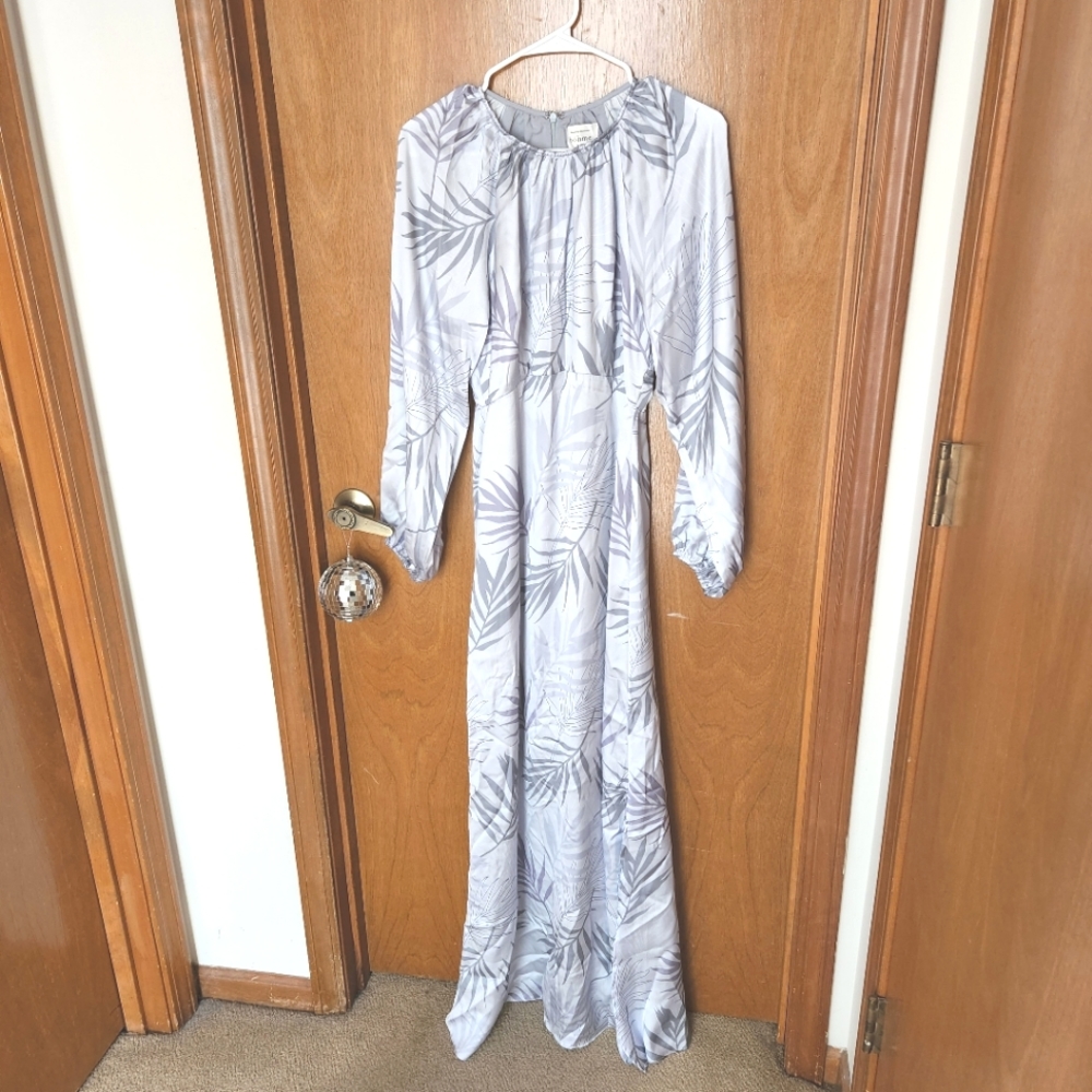 Bohme Silver Blue Maxi Tropical Long Sleeve Dress Evening Wedding Elegant